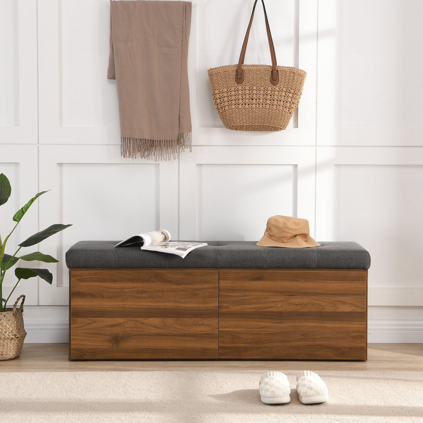 49" Storage Bench Storage Cabinet Storage Ottoman with Adjustable Shelves, Padded Seat Cushion and Double Doors for Entryway, Hallway and Bedroom, Dark Grey