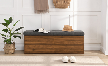49" Storage Bench Storage Cabinet Storage Ottoman with Adjustable Shelves, Padded Seat Cushion and Double Doors for Entryway, Hallway and Bedroom, Dark Grey
