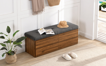 49" Storage Bench Storage Cabinet Storage Ottoman with Adjustable Shelves, Padded Seat Cushion and Double Doors for Entryway, Hallway and Bedroom, Dark Grey