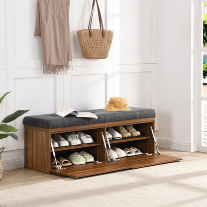 49" Storage Bench Storage Cabinet Storage Ottoman with Adjustable Shelves, Padded Seat Cushion and Double Doors for Entryway, Hallway and Bedroom, Dark Grey
