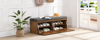 49" Storage Bench Storage Cabinet Storage Ottoman with Adjustable Shelves, Padded Seat Cushion and Double Doors for Entryway, Hallway and Bedroom, Dark Grey