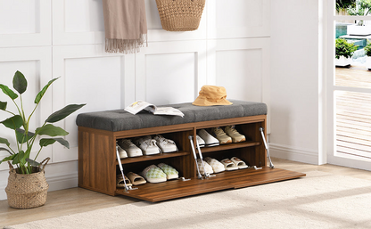 49" Storage Bench Storage Cabinet Storage Ottoman with Adjustable Shelves, Padded Seat Cushion and Double Doors for Entryway, Hallway and Bedroom, Dark Grey