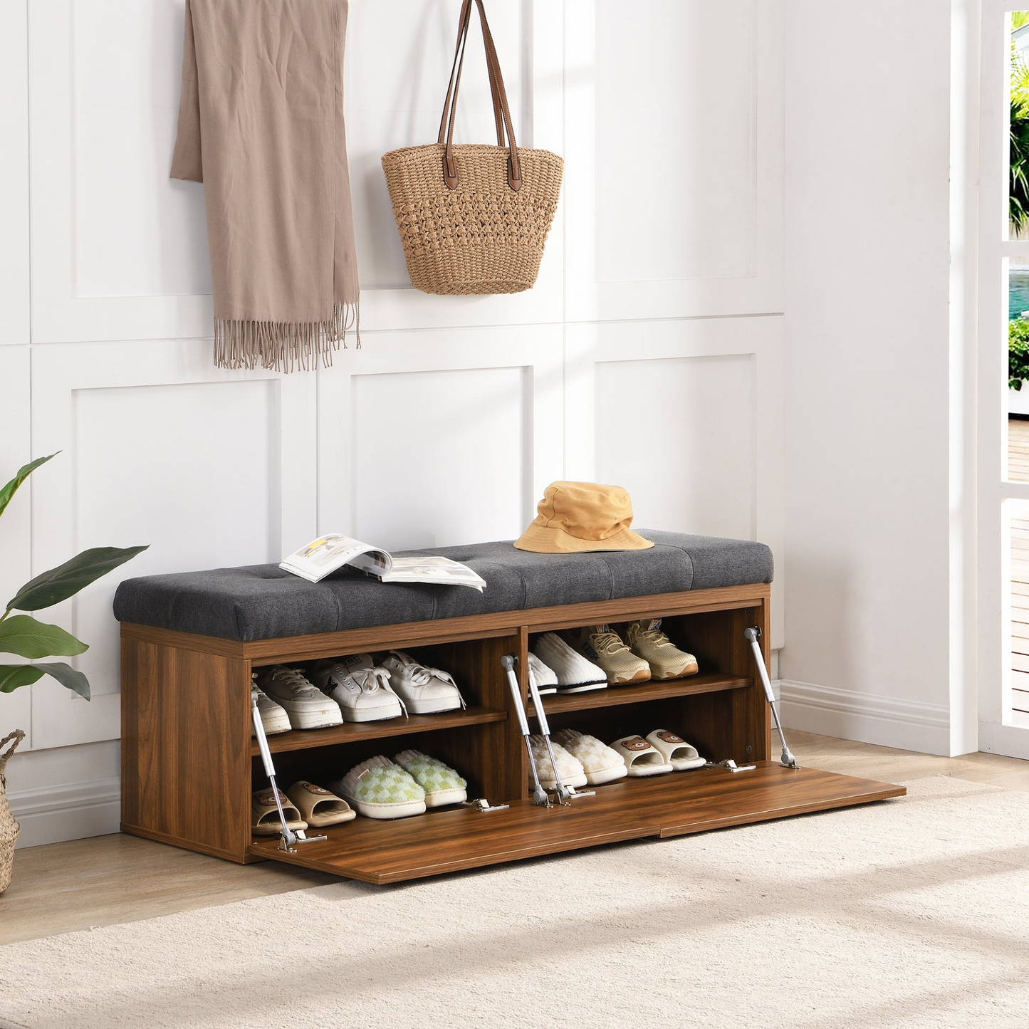 49" Storage Bench Storage Cabinet Storage Ottoman with Adjustable Shelves, Padded Seat Cushion and Double Doors for Entryway, Hallway and Bedroom, Dark Grey