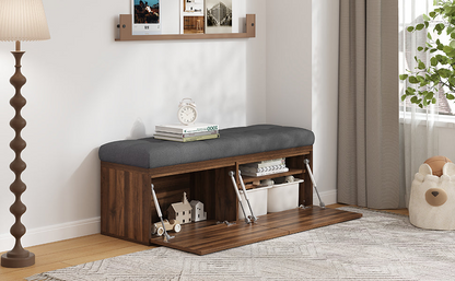49" Storage Bench Storage Cabinet Storage Ottoman with Adjustable Shelves, Padded Seat Cushion and Double Doors for Entryway, Hallway and Bedroom, Dark Grey