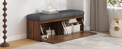 49" Storage Bench Storage Cabinet Storage Ottoman with Adjustable Shelves, Padded Seat Cushion and Double Doors for Entryway, Hallway and Bedroom, Dark Grey