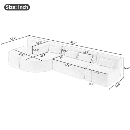 143.7" Upholstered Sofa Free-combined Sofa Couch with Two Chaise Lounge and Five Back Pillows for Living Room, Light Gray