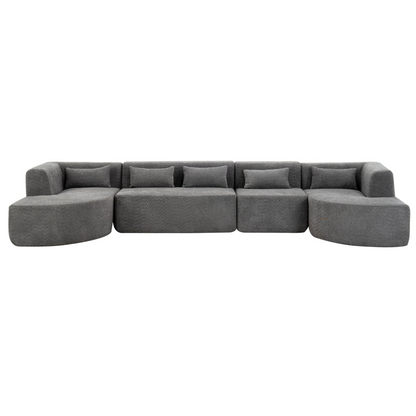 143.7" Upholstered Sofa Free-combined Sofa Couch with Two Chaise Lounge and Five Back Pillows for Living Room, Light Gray