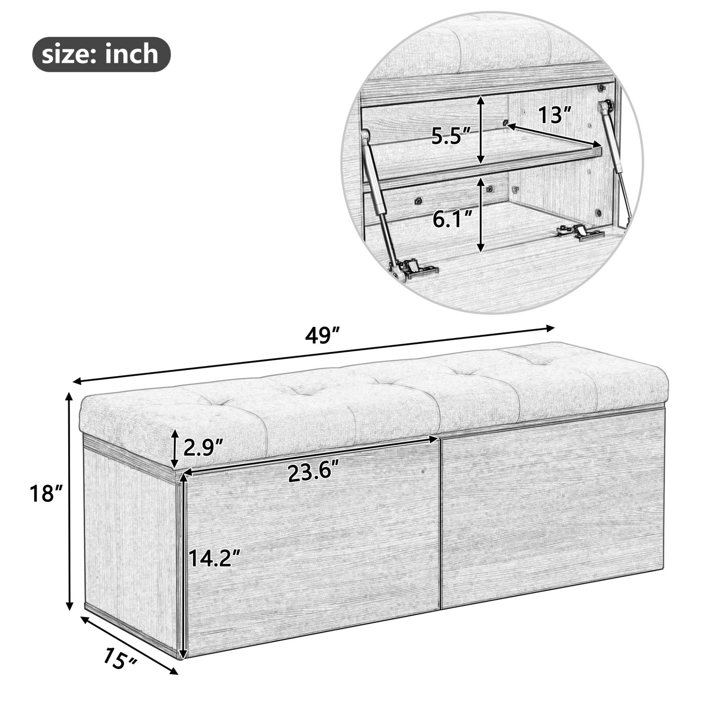 49" Storage Bench Storage Cabinet Storage Ottoman with Adjustable Shelves, Padded Seat Cushion and Double Doors for Entryway, Hallway and Bedroom, Light Grey