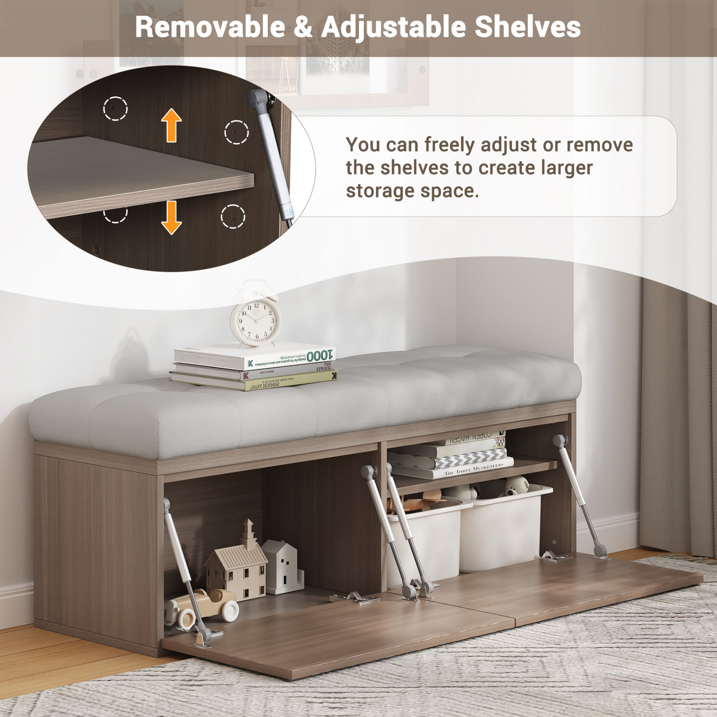 49" Storage Bench Storage Cabinet Storage Ottoman with Adjustable Shelves, Padded Seat Cushion and Double Doors for Entryway, Hallway and Bedroom, Light Grey