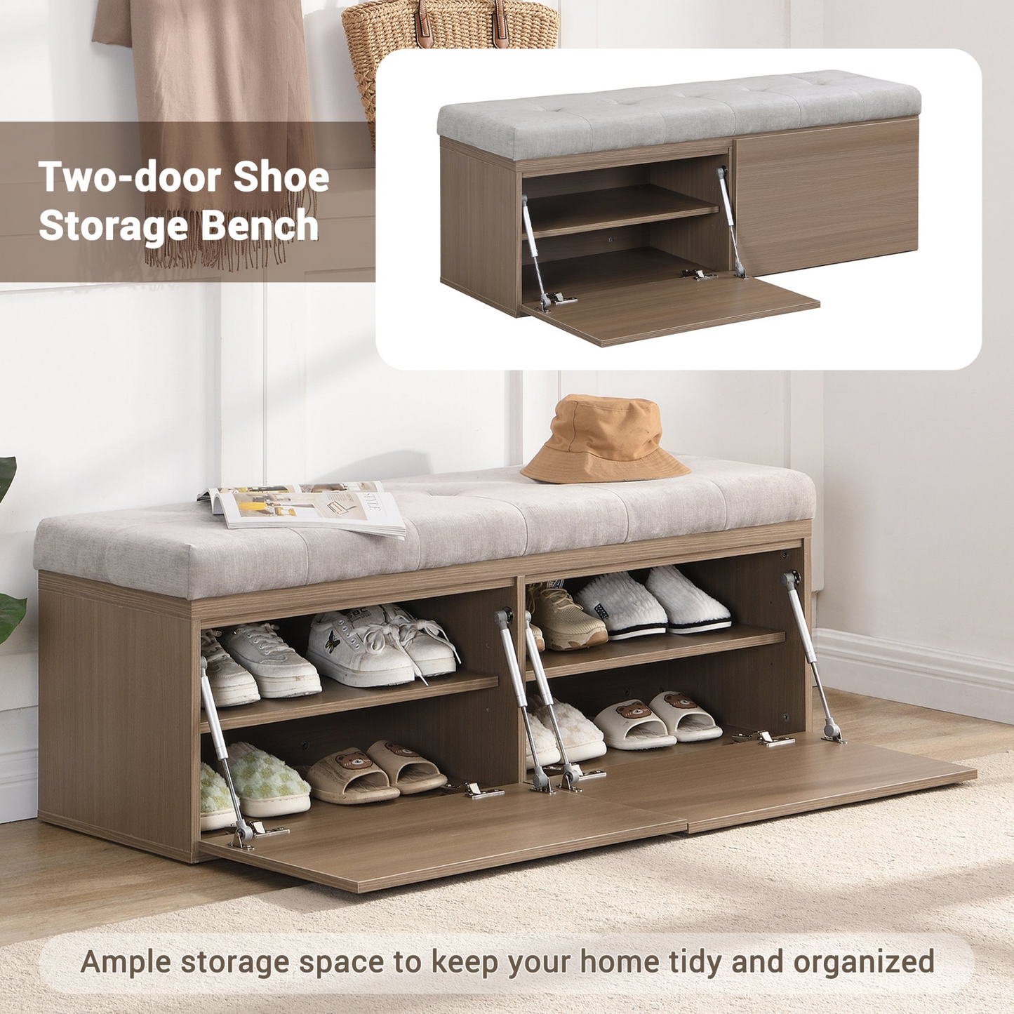 49" Storage Bench Storage Cabinet Storage Ottoman with Adjustable Shelves, Padded Seat Cushion and Double Doors for Entryway, Hallway and Bedroom, Light Grey