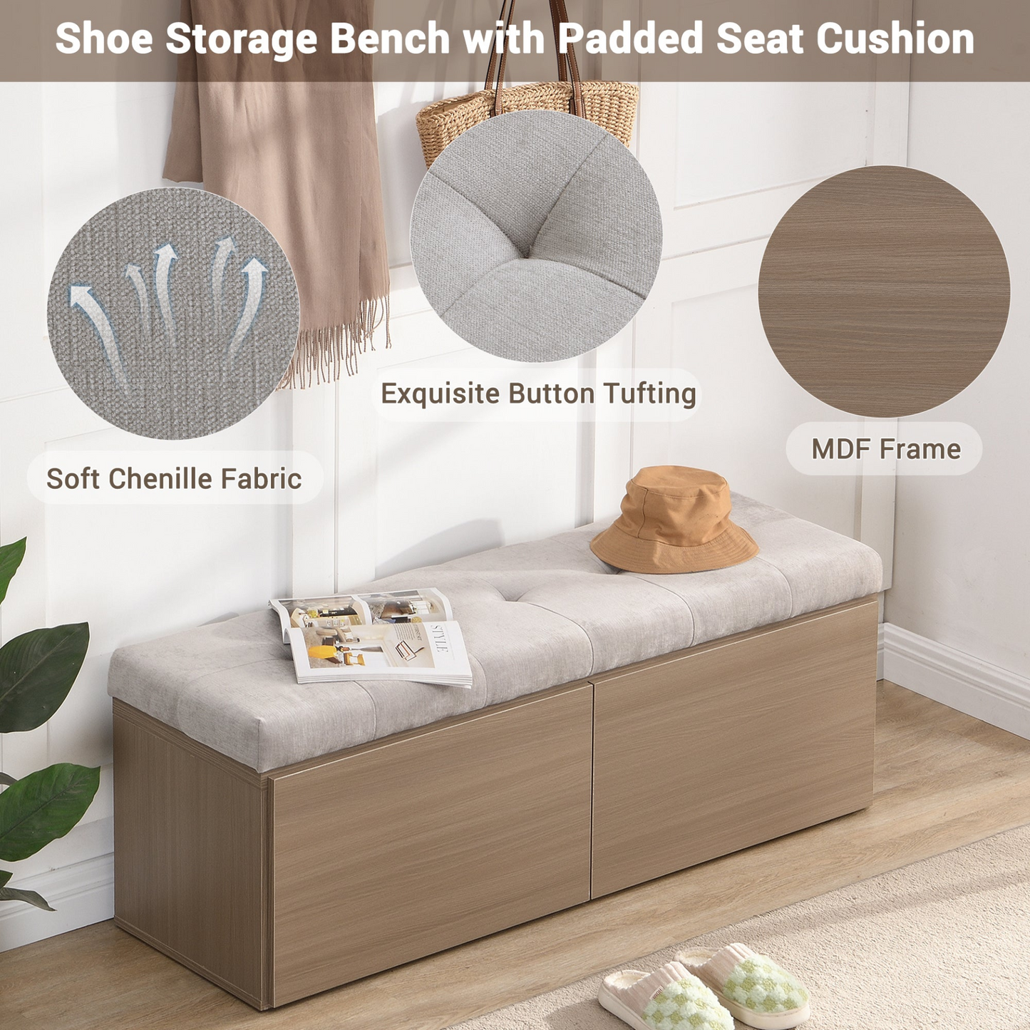 49" Storage Bench Storage Cabinet Storage Ottoman with Adjustable Shelves, Padded Seat Cushion and Double Doors for Entryway, Hallway and Bedroom, Light Grey