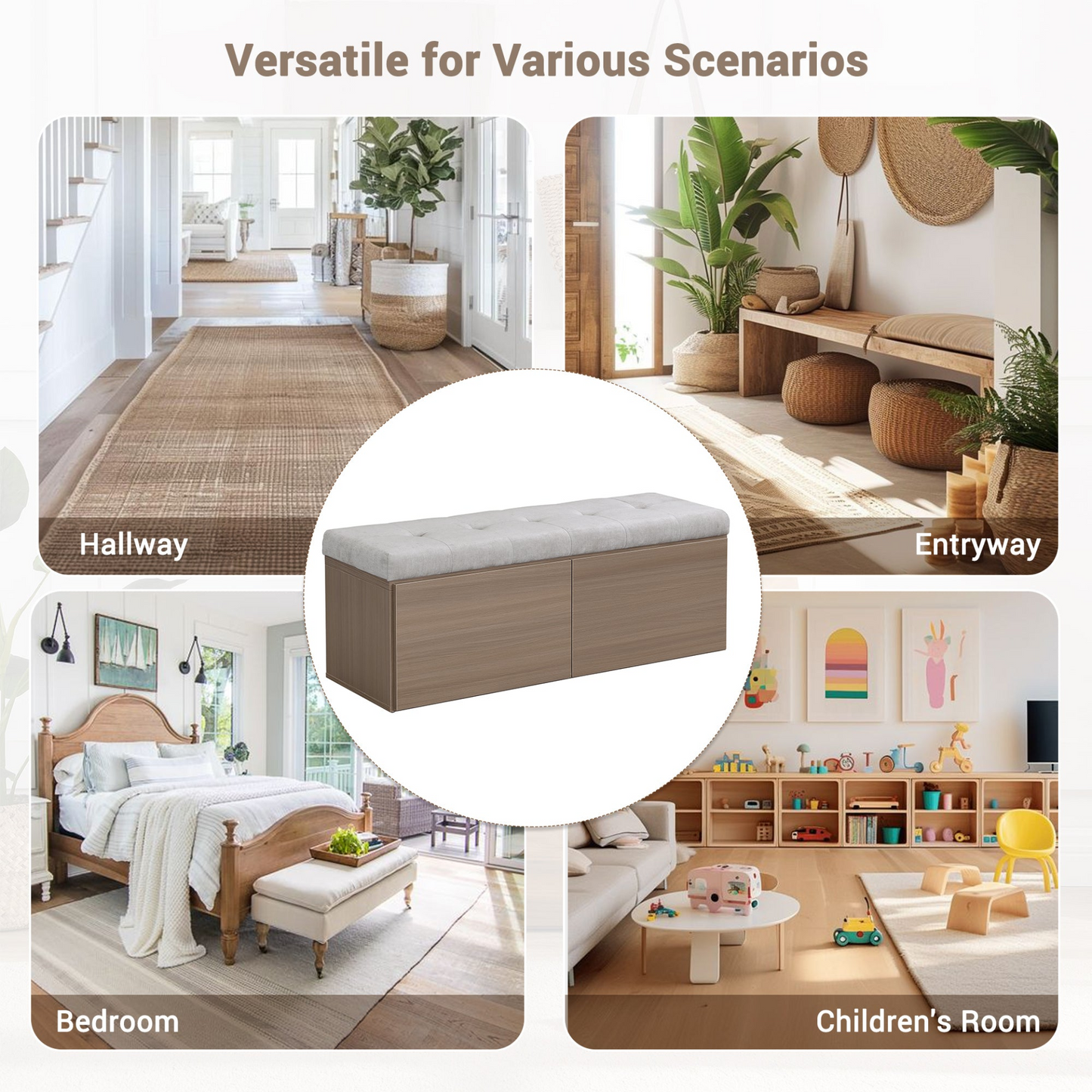 49" Storage Bench Storage Cabinet Storage Ottoman with Adjustable Shelves, Padded Seat Cushion and Double Doors for Entryway, Hallway and Bedroom, Light Grey