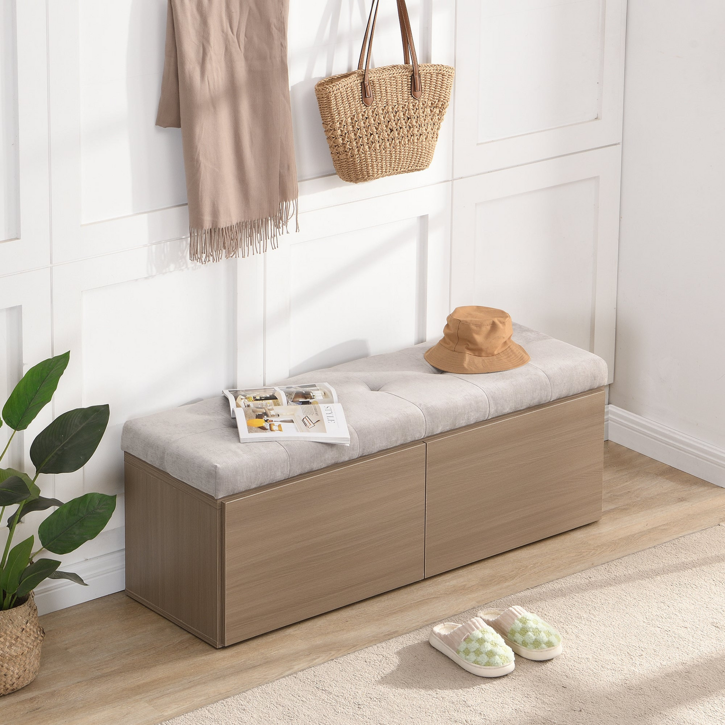 49" Storage Bench Storage Cabinet Storage Ottoman with Adjustable Shelves, Padded Seat Cushion and Double Doors for Entryway, Hallway and Bedroom, Light Grey