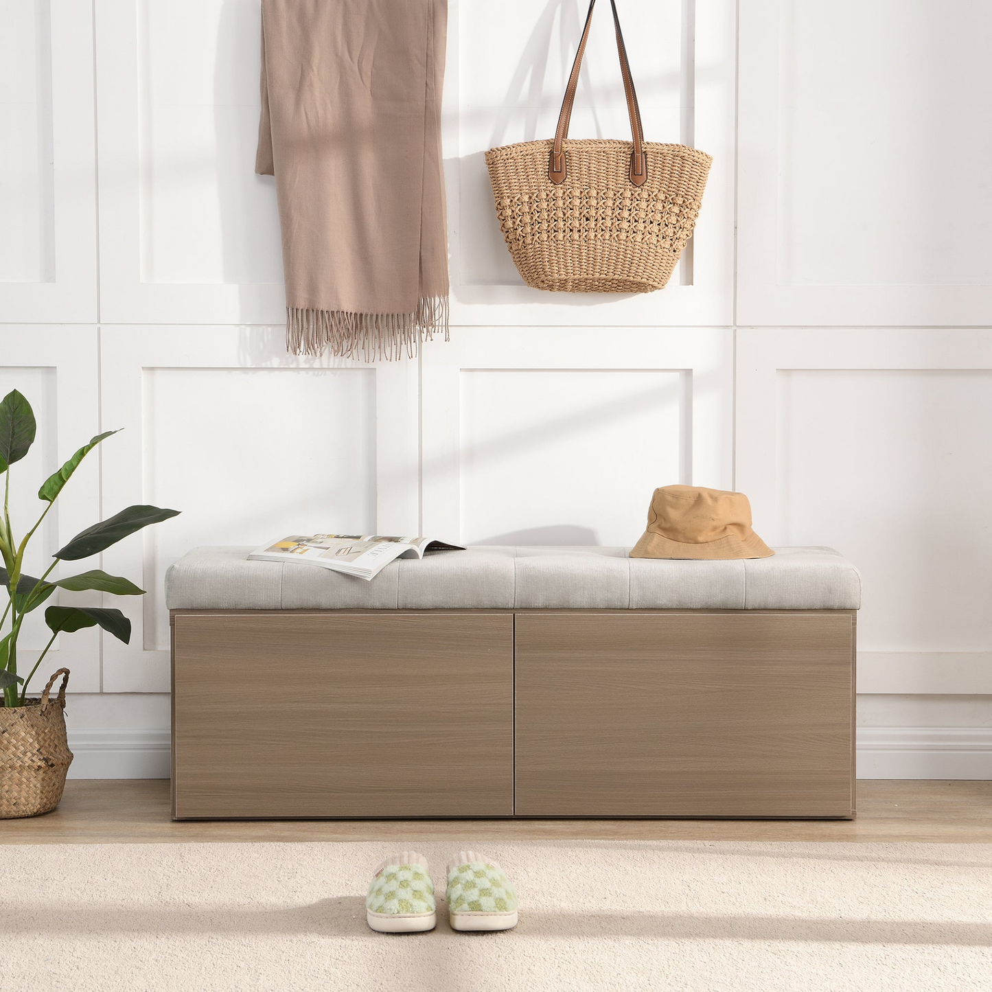 49" Storage Bench Storage Cabinet Storage Ottoman with Adjustable Shelves, Padded Seat Cushion and Double Doors for Entryway, Hallway and Bedroom, Light Grey
