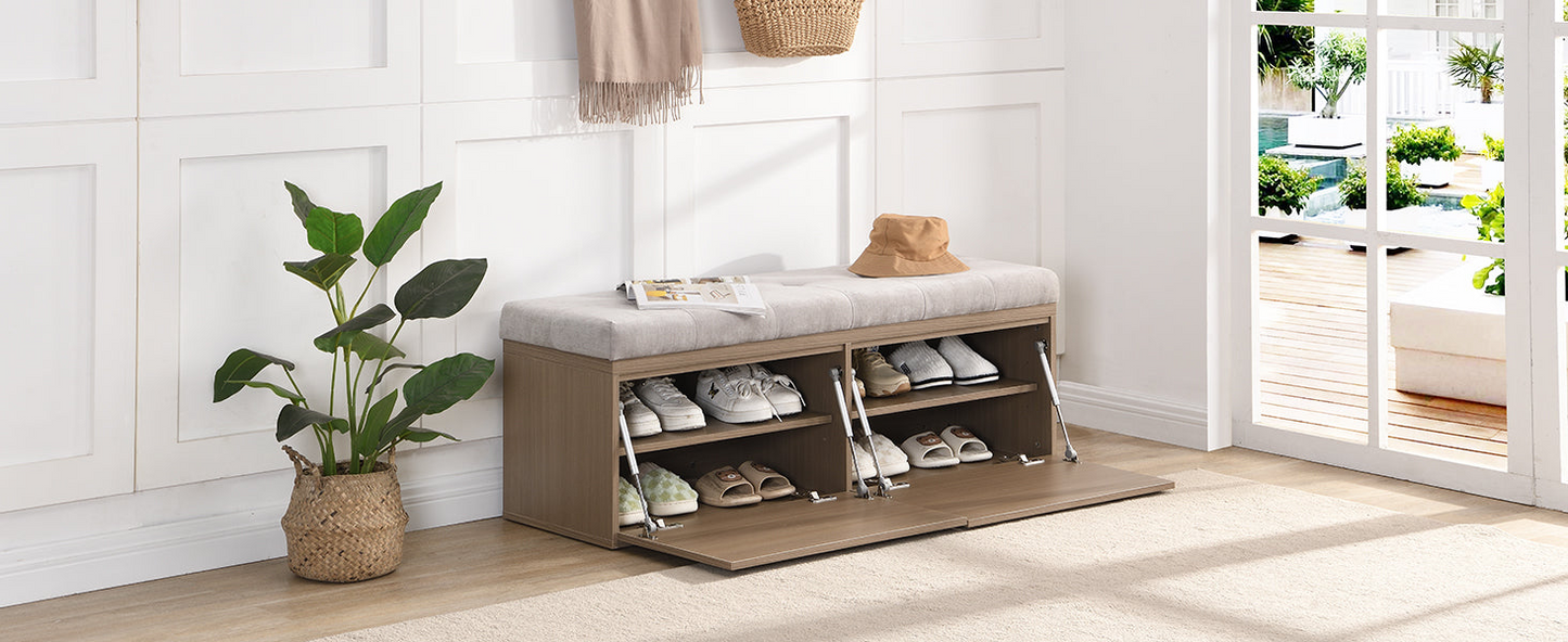 49" Storage Bench Storage Cabinet Storage Ottoman with Adjustable Shelves, Padded Seat Cushion and Double Doors for Entryway, Hallway and Bedroom, Light Grey
