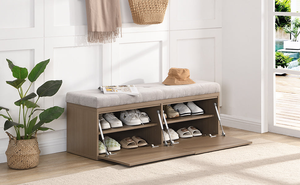 49" Storage Bench Storage Cabinet Storage Ottoman with Adjustable Shelves, Padded Seat Cushion and Double Doors for Entryway, Hallway and Bedroom, Light Grey