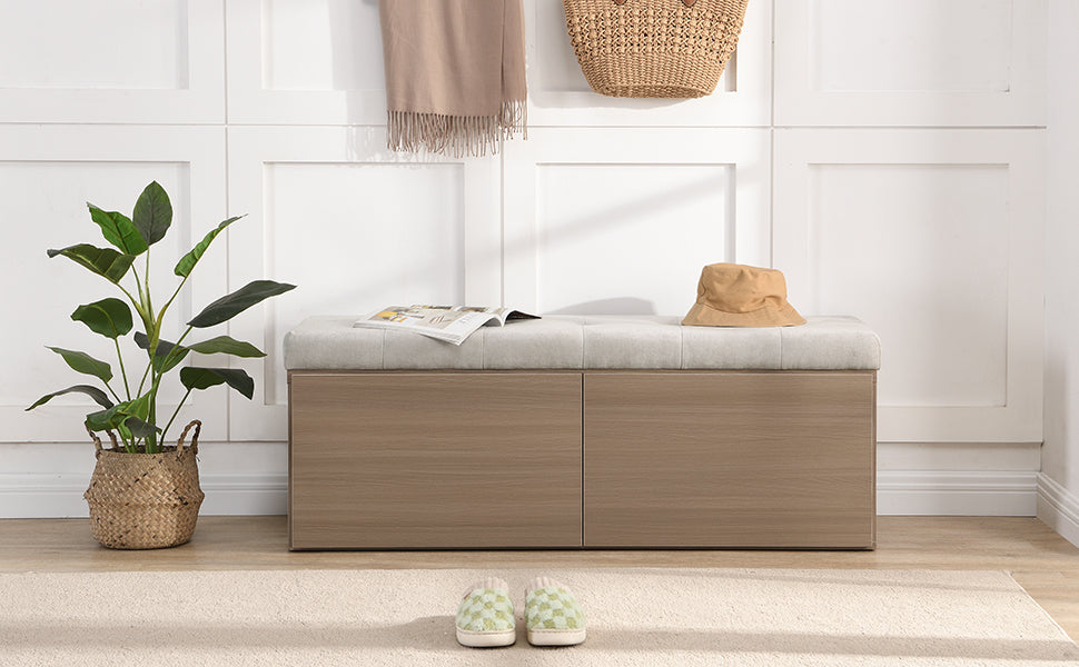 49" Storage Bench Storage Cabinet Storage Ottoman with Adjustable Shelves, Padded Seat Cushion and Double Doors for Entryway, Hallway and Bedroom, Light Grey