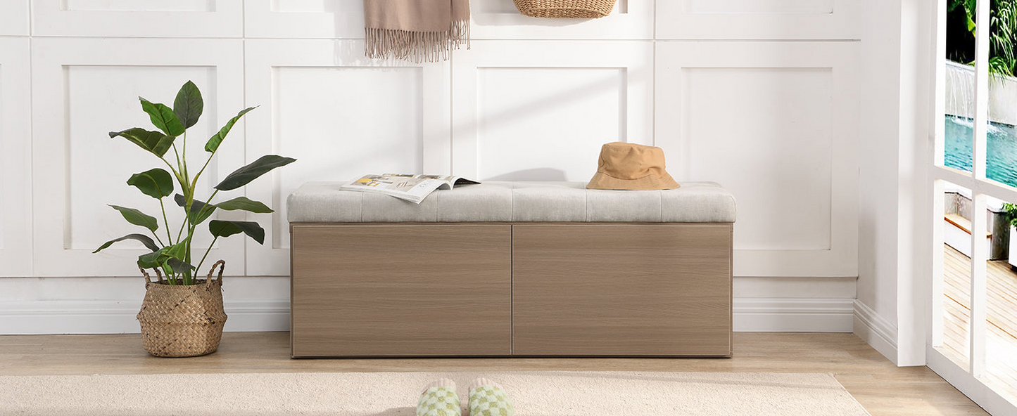 49" Storage Bench Storage Cabinet Storage Ottoman with Adjustable Shelves, Padded Seat Cushion and Double Doors for Entryway, Hallway and Bedroom, Light Grey