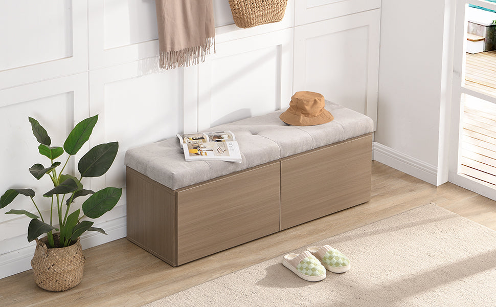 49" Storage Bench Storage Cabinet Storage Ottoman with Adjustable Shelves, Padded Seat Cushion and Double Doors for Entryway, Hallway and Bedroom, Light Grey