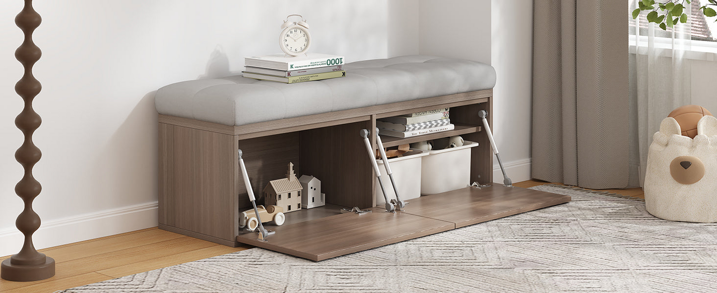 49" Storage Bench Storage Cabinet Storage Ottoman with Adjustable Shelves, Padded Seat Cushion and Double Doors for Entryway, Hallway and Bedroom, Light Grey