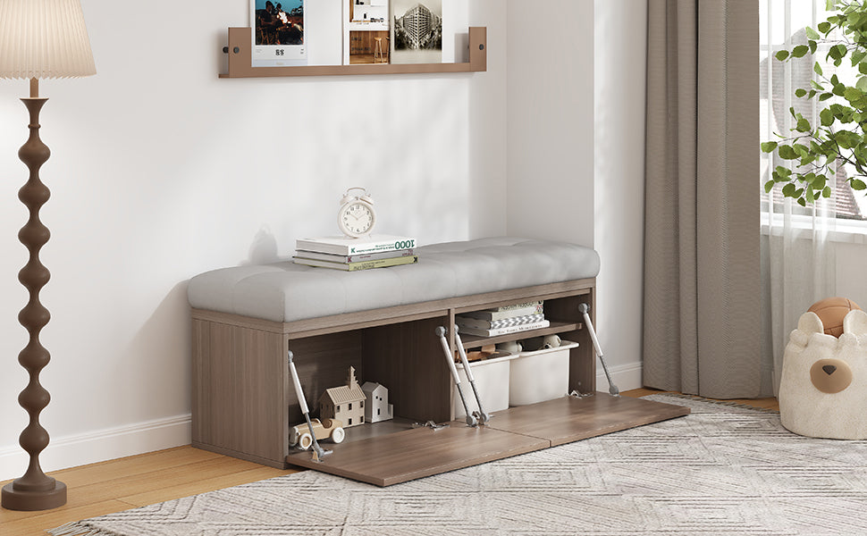 49" Storage Bench Storage Cabinet Storage Ottoman with Adjustable Shelves, Padded Seat Cushion and Double Doors for Entryway, Hallway and Bedroom, Light Grey