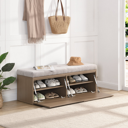49" Storage Bench Storage Cabinet Storage Ottoman with Adjustable Shelves, Padded Seat Cushion and Double Doors for Entryway, Hallway and Bedroom, Light Grey