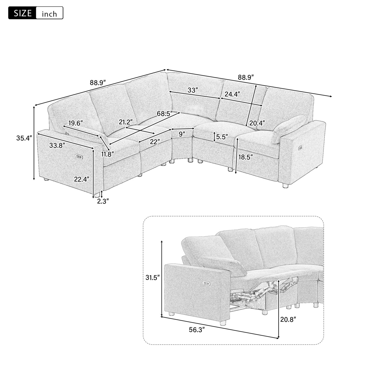 89" Power Recliner Sectional Sofa Home Theater Reclining Sofa with Two USB Ports, Two Storage Drawers for Living Room, Beige