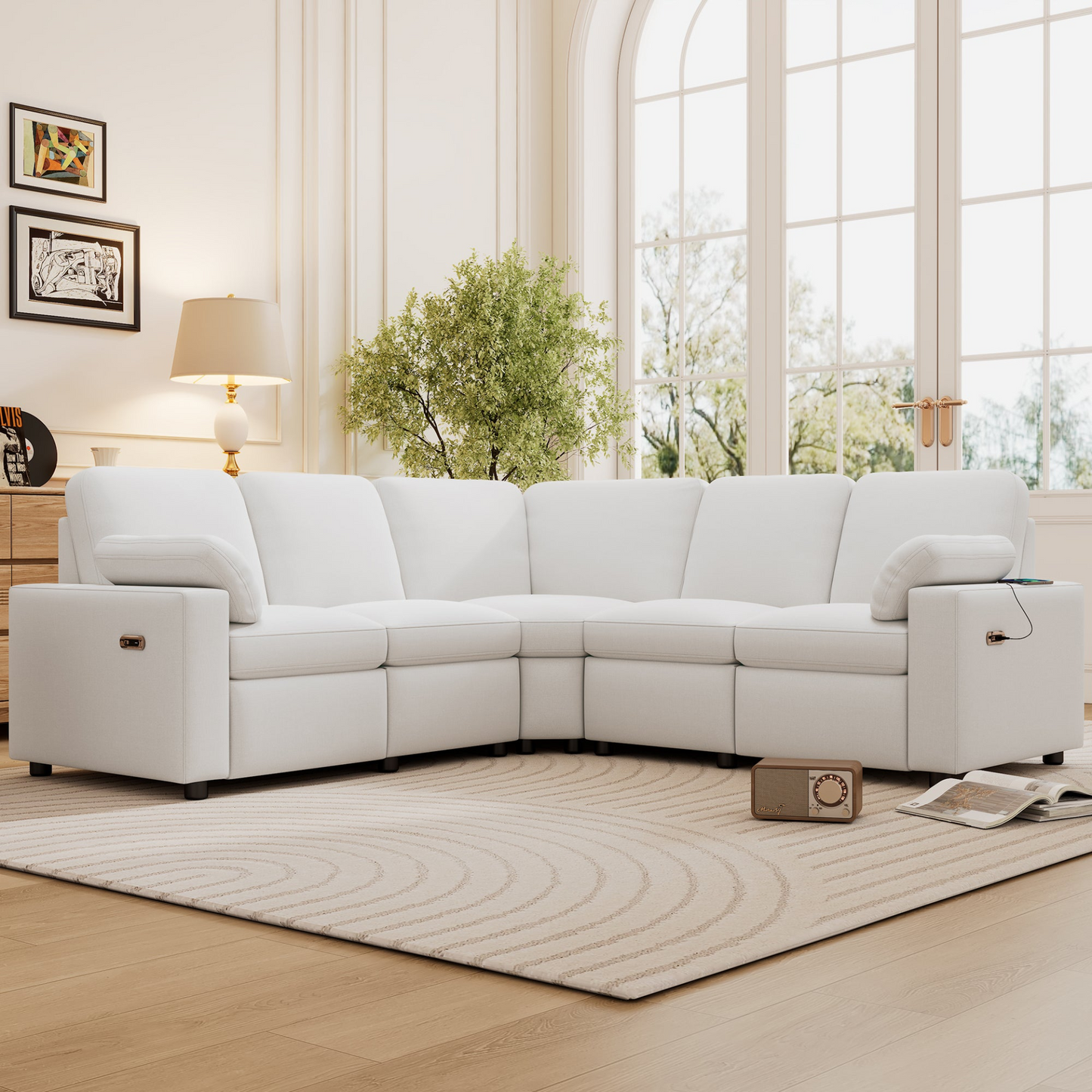 89" Power Recliner Sectional Sofa Home Theater Reclining Sofa with Two USB Ports, Two Storage Drawers for Living Room, Beige