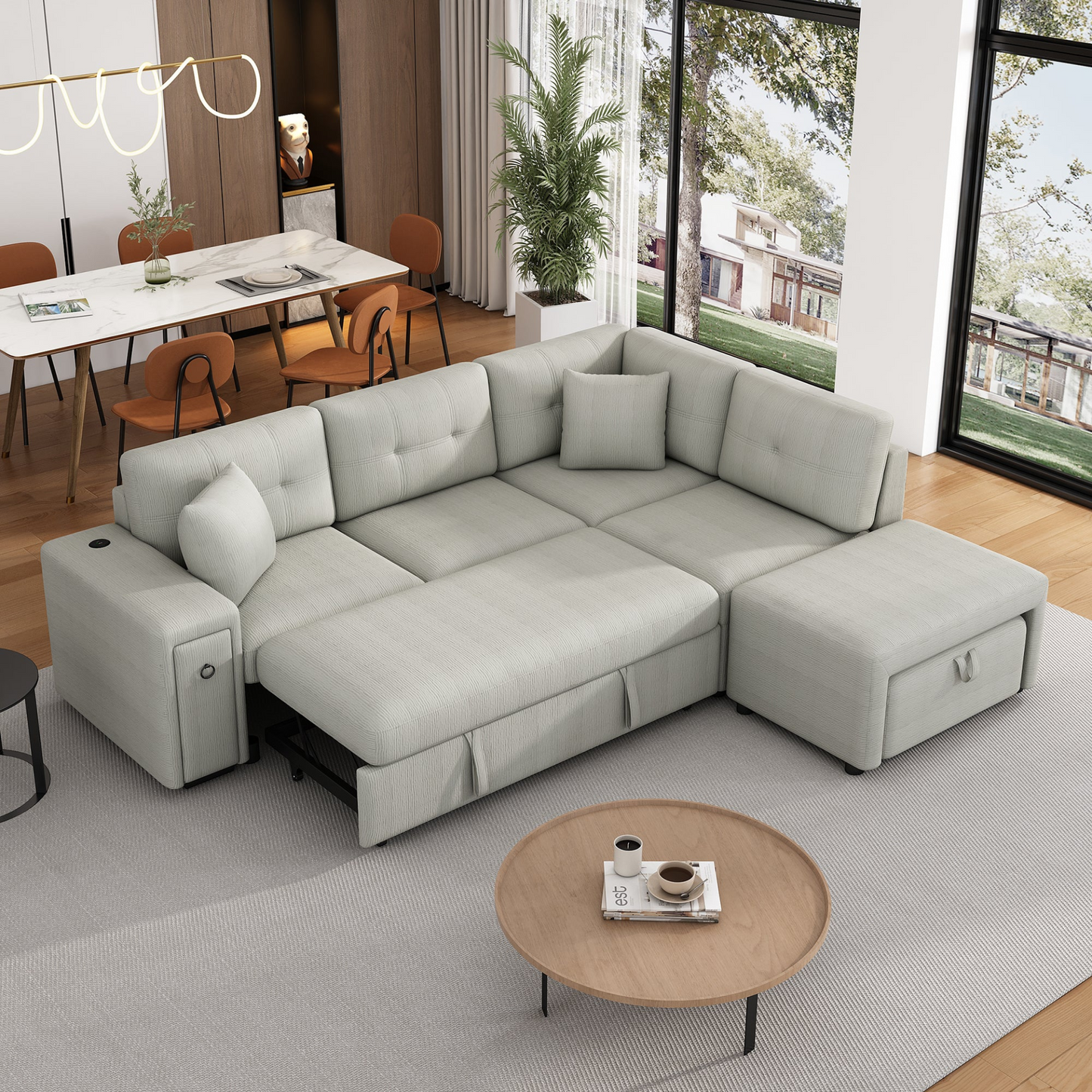86.6" Sectional Sofa L-shaped Sofa Couch Pull-out Sofa Bed with a Movable Ottoman, Two USB Ports and Two Cup Holders for Living Room, Gray