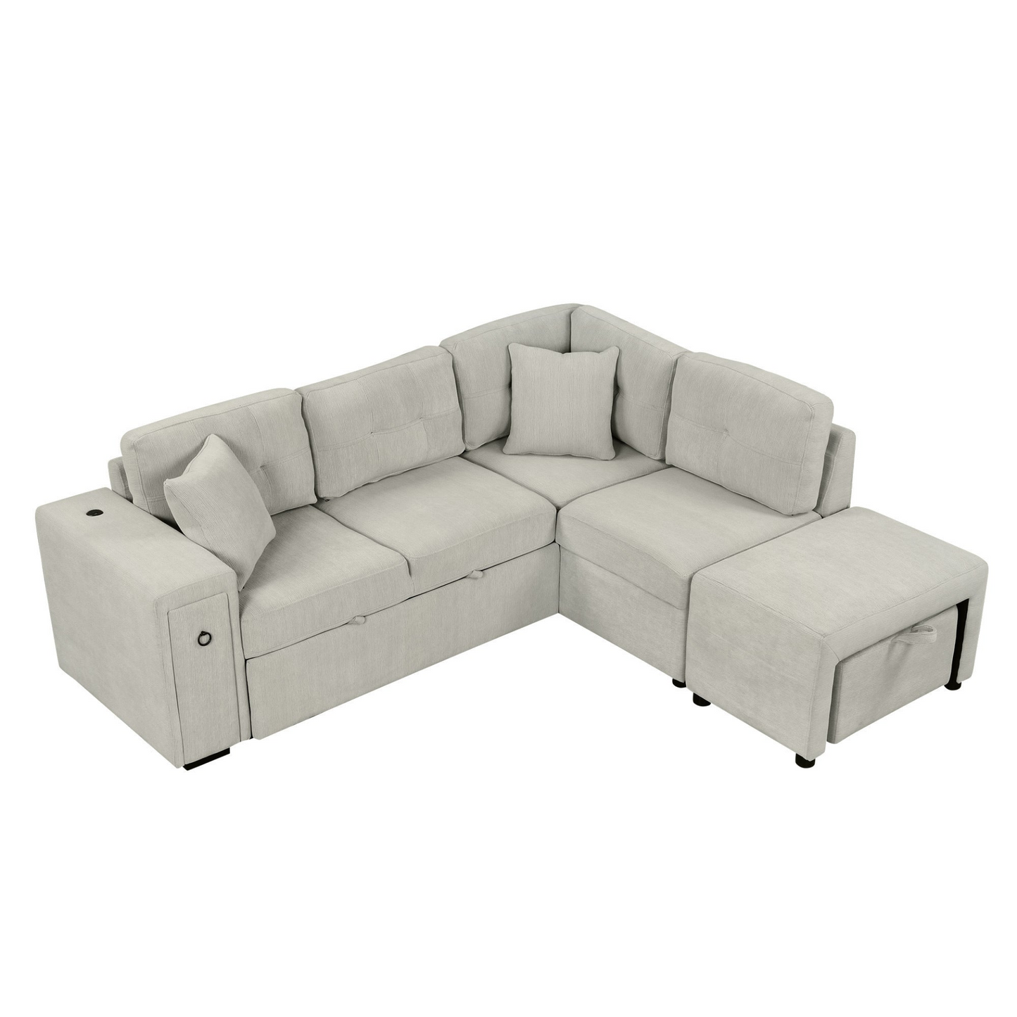 86.6" Sectional Sofa L-shaped Sofa Couch Pull-out Sofa Bed with a Movable Ottoman, Two USB Ports and Two Cup Holders for Living Room, Gray