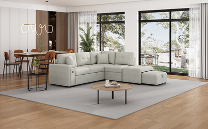 86.6" Sectional Sofa L-shaped Sofa Couch Pull-out Sofa Bed with a Movable Ottoman, Two USB Ports and Two Cup Holders for Living Room, Gray