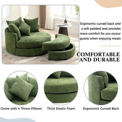 360° Swivel Accent Barrel Chair with Storage Ottoman & 4 Pillows, Modern Chenille Leisure Chair Round Accent for Living Room, Green