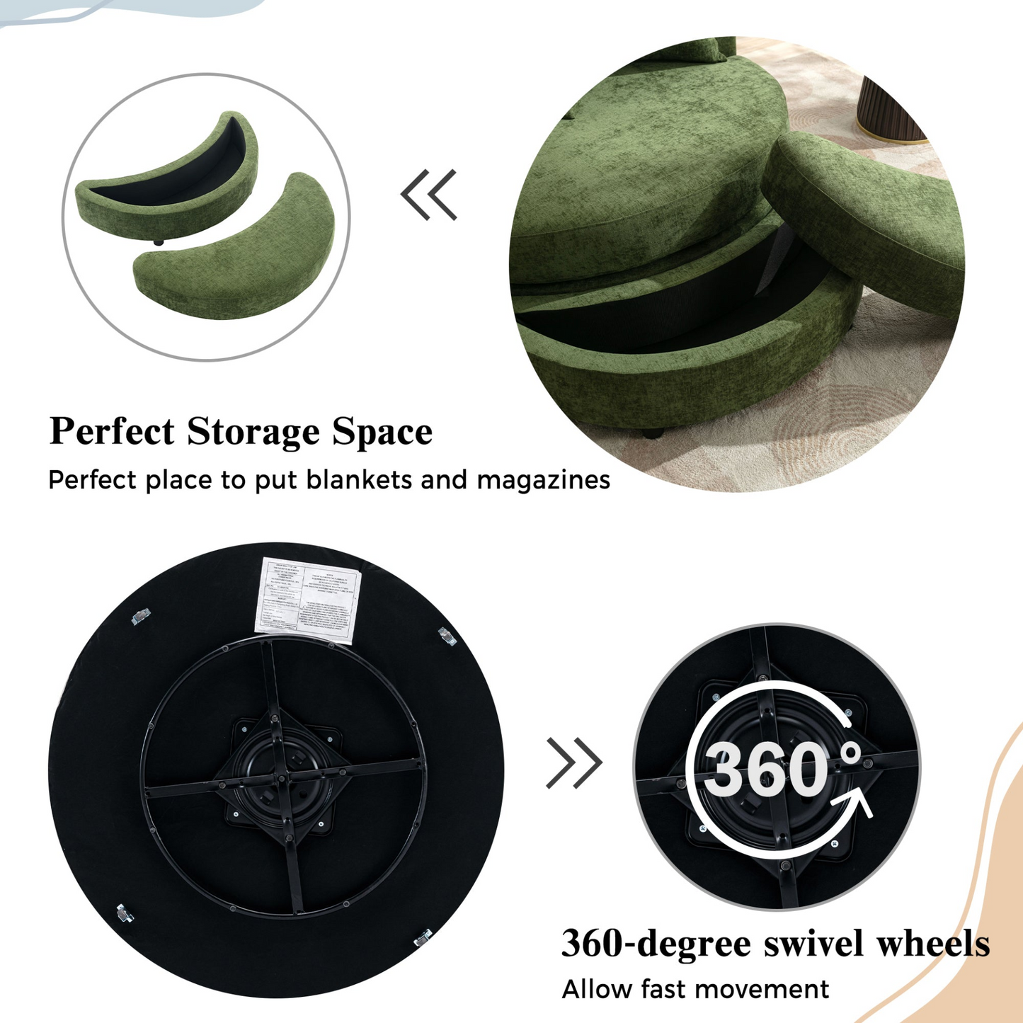 360° Swivel Accent Barrel Chair with Storage Ottoman & 4 Pillows, Modern Chenille Leisure Chair Round Accent for Living Room, Green