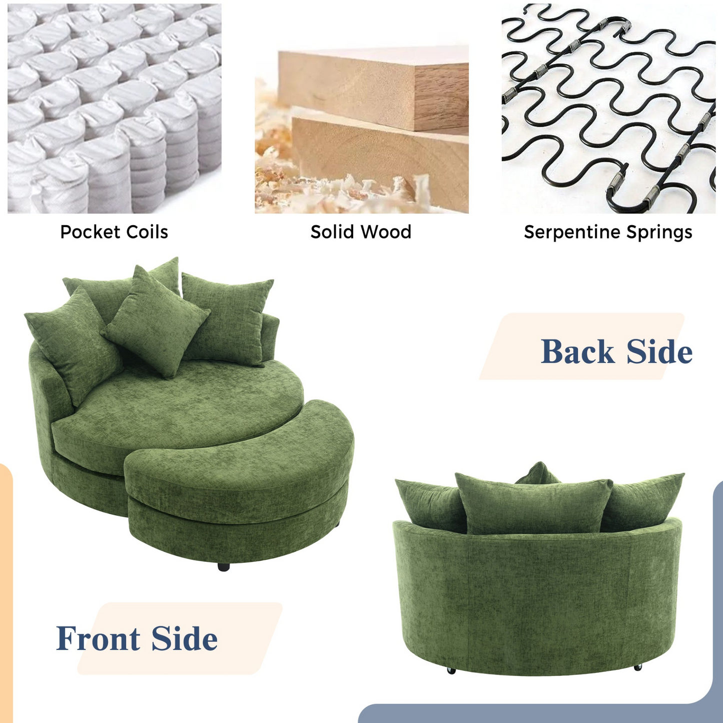 360° Swivel Accent Barrel Chair with Storage Ottoman & 4 Pillows, Modern Chenille Leisure Chair Round Accent for Living Room, Green