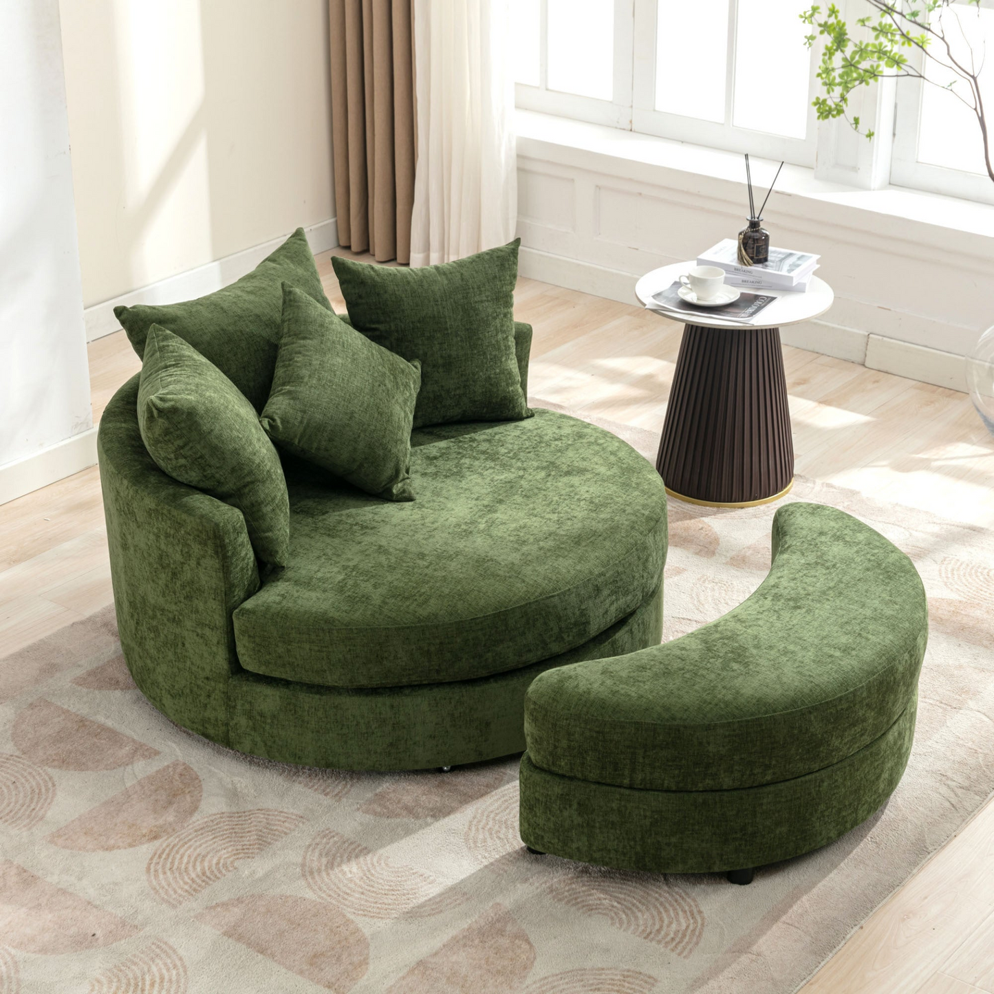 360° Swivel Accent Barrel Chair with Storage Ottoman & 4 Pillows, Modern Chenille Leisure Chair Round Accent for Living Room, Green