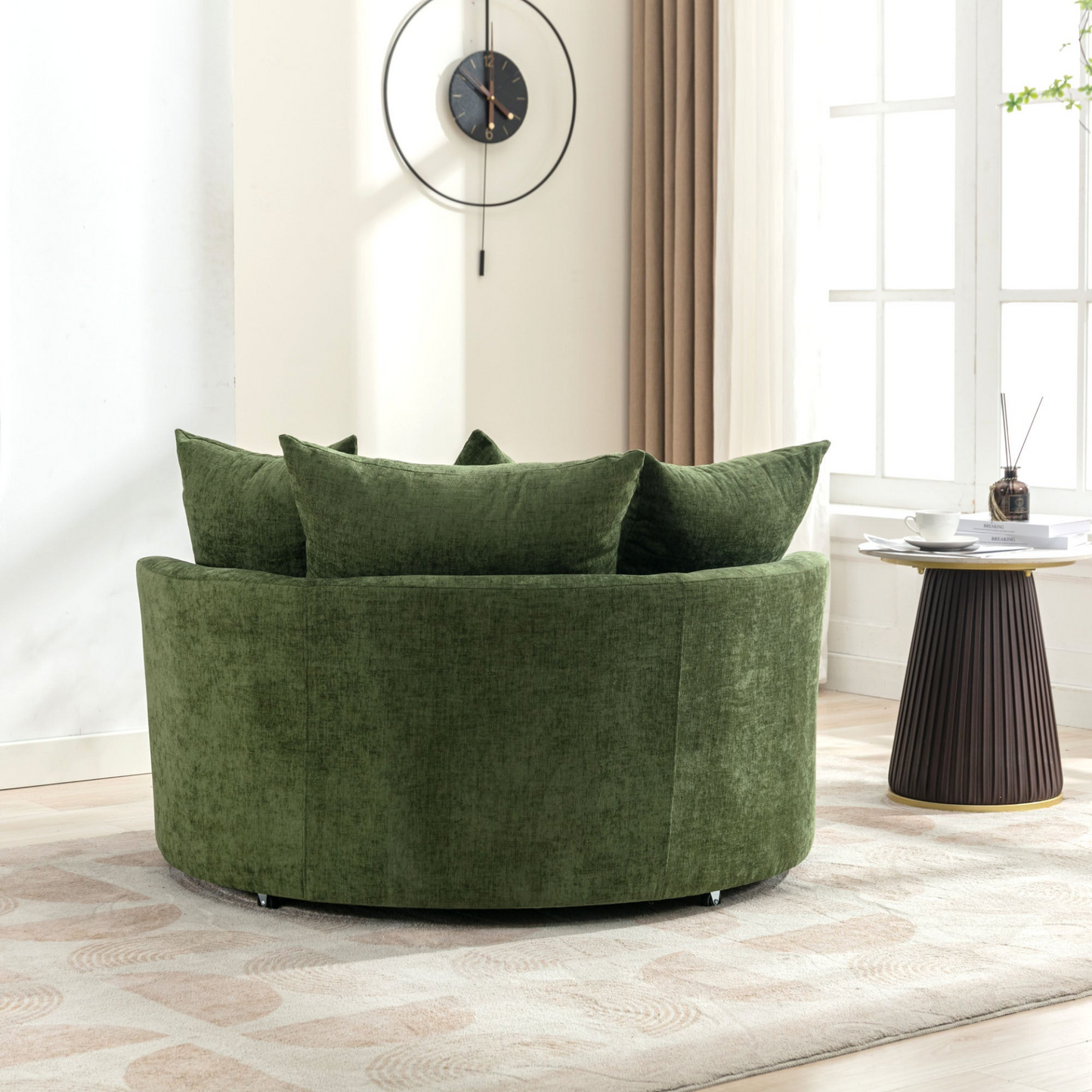 360° Swivel Accent Barrel Chair with Storage Ottoman & 4 Pillows, Modern Chenille Leisure Chair Round Accent for Living Room, Green
