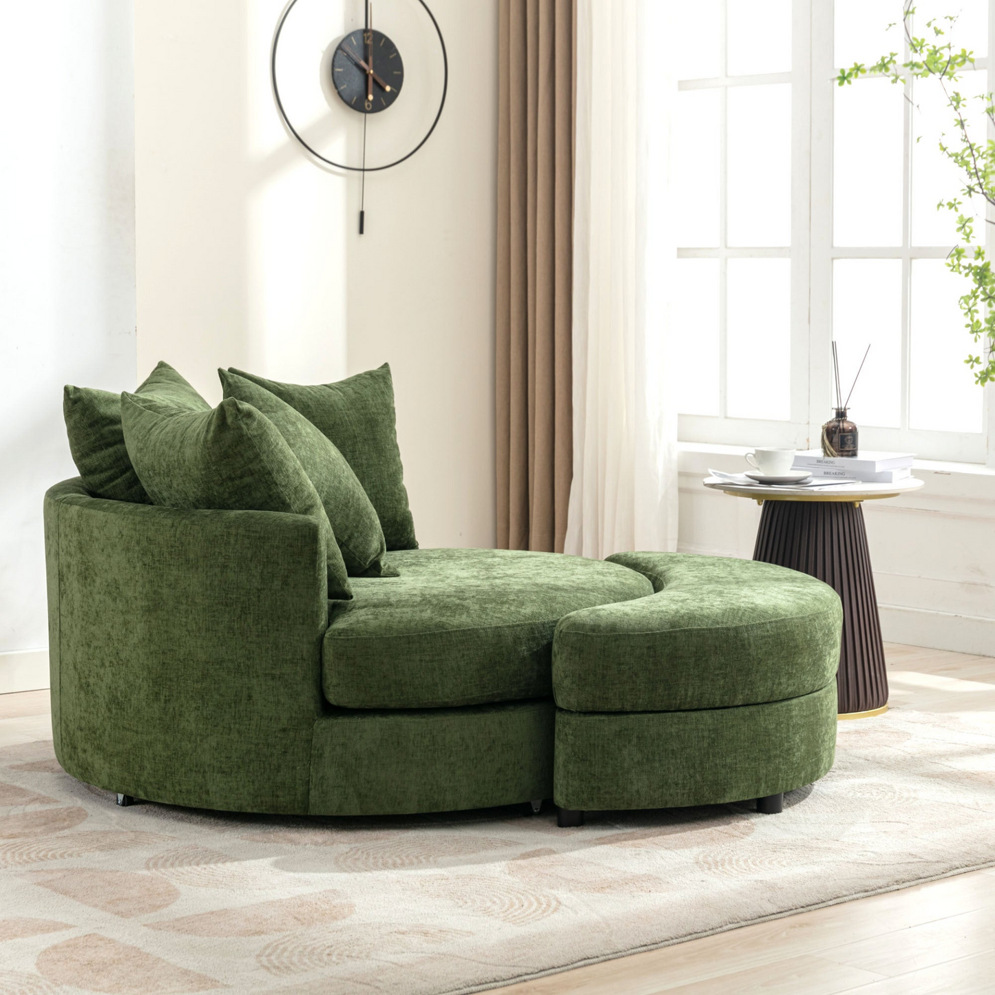 360° Swivel Accent Barrel Chair with Storage Ottoman & 4 Pillows, Modern Chenille Leisure Chair Round Accent for Living Room, Green