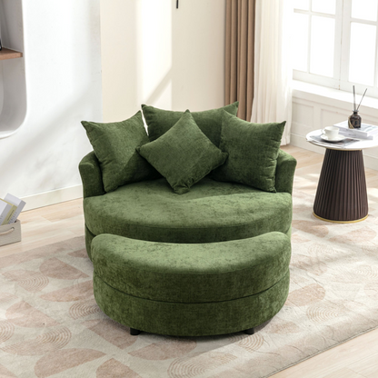360° Swivel Accent Barrel Chair with Storage Ottoman & 4 Pillows, Modern Chenille Leisure Chair Round Accent for Living Room, Green