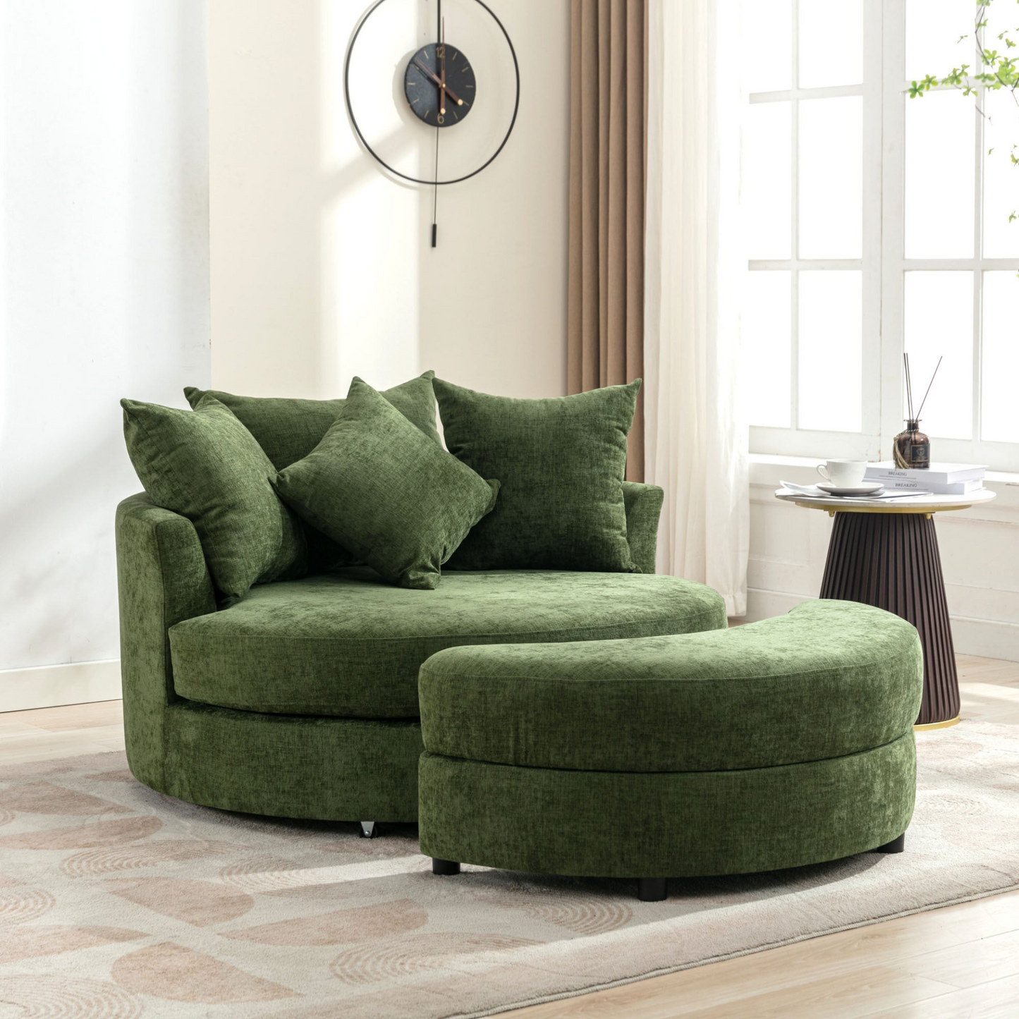 360° Swivel Accent Barrel Chair with Storage Ottoman & 4 Pillows, Modern Chenille Leisure Chair Round Accent for Living Room, Green