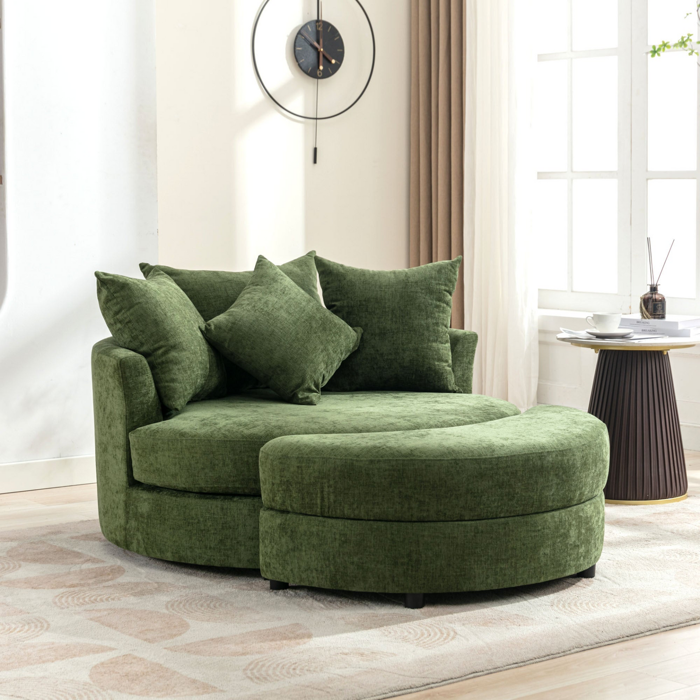 360° Swivel Accent Barrel Chair with Storage Ottoman & 4 Pillows, Modern Chenille Leisure Chair Round Accent for Living Room, Green