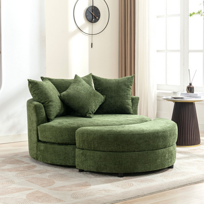 360° Swivel Accent Barrel Chair with Storage Ottoman & 4 Pillows, Modern Chenille Leisure Chair Round Accent for Living Room, Green
