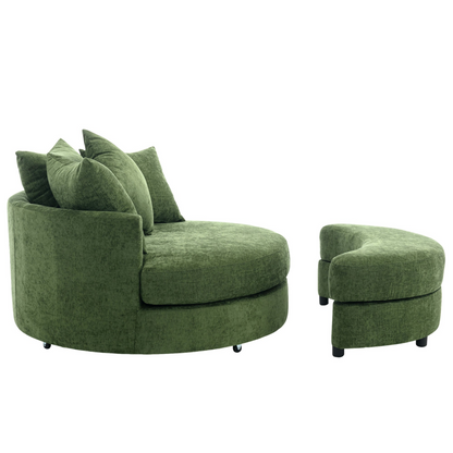 360° Swivel Accent Barrel Chair with Storage Ottoman & 4 Pillows, Modern Chenille Leisure Chair Round Accent for Living Room, Green