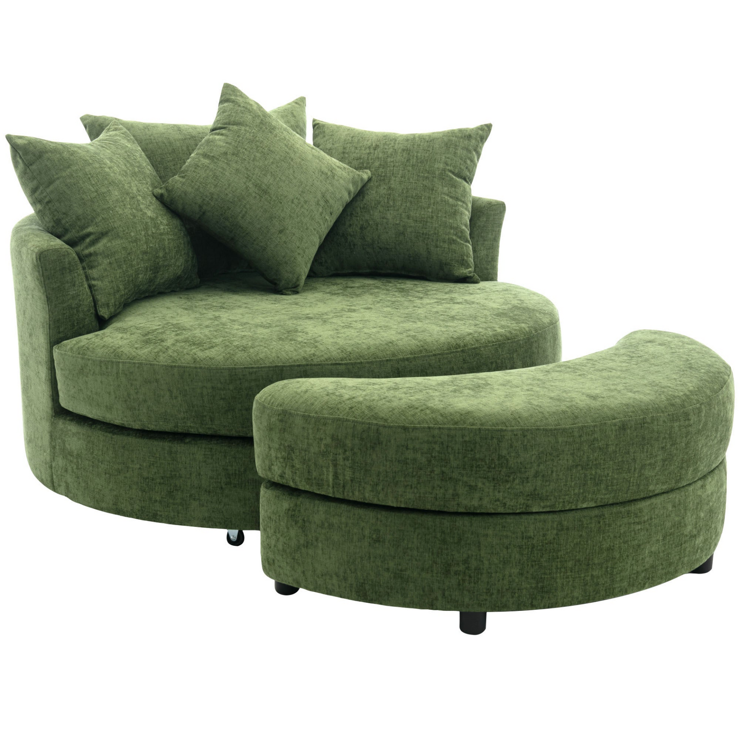 360° Swivel Accent Barrel Chair with Storage Ottoman & 4 Pillows, Modern Chenille Leisure Chair Round Accent for Living Room, Green