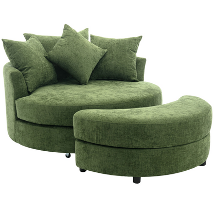 360° Swivel Accent Barrel Chair with Storage Ottoman & 4 Pillows, Modern Chenille Leisure Chair Round Accent for Living Room, Green