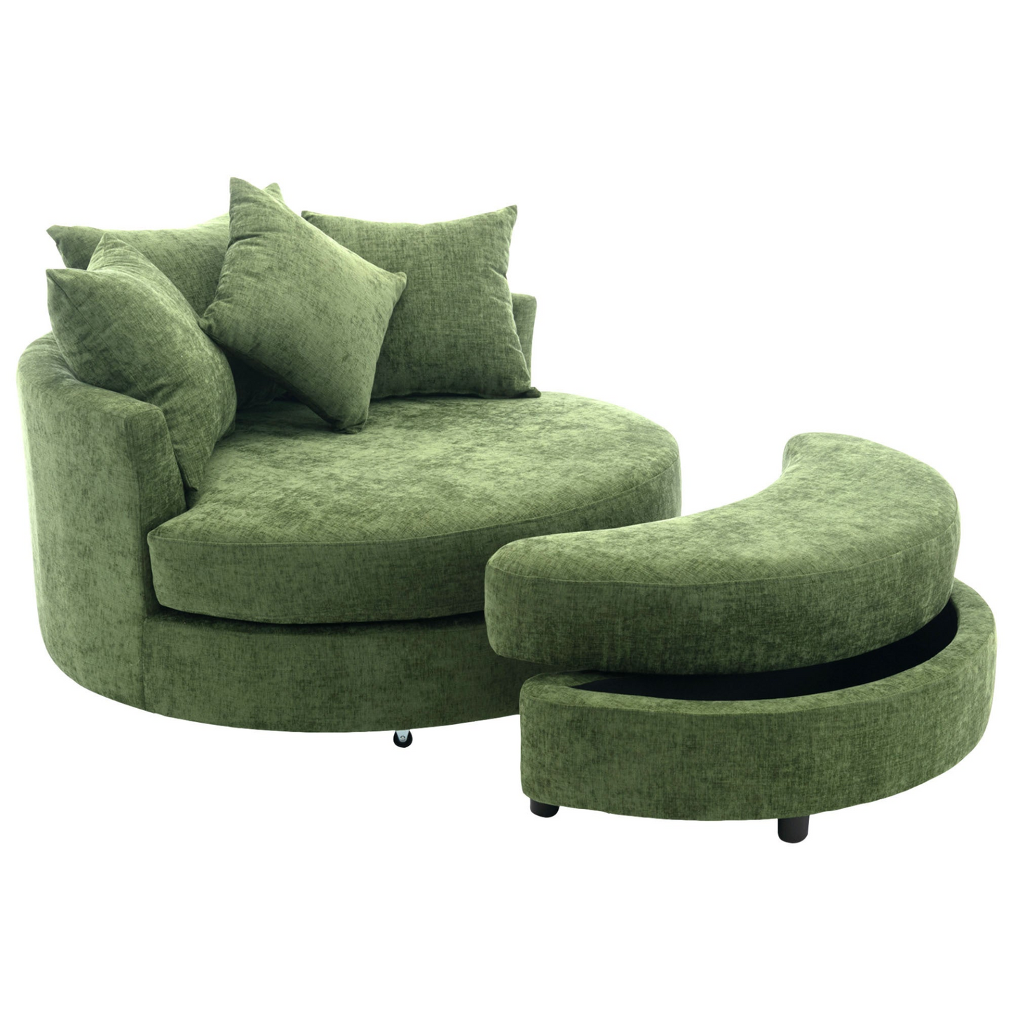360° Swivel Accent Barrel Chair with Storage Ottoman & 4 Pillows, Modern Chenille Leisure Chair Round Accent for Living Room, Green