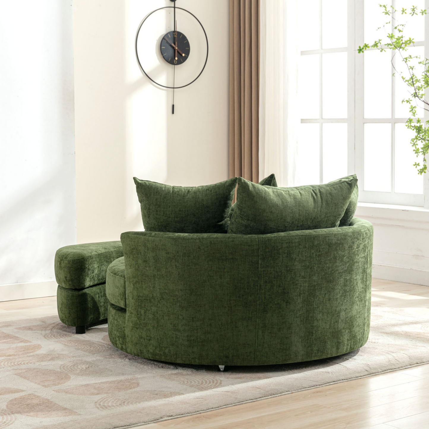 360° Swivel Accent Barrel Chair with Storage Ottoman & 4 Pillows, Modern Chenille Leisure Chair Round Accent for Living Room, Green