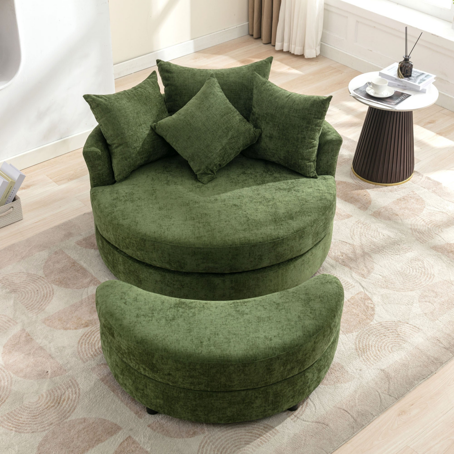 360° Swivel Accent Barrel Chair with Storage Ottoman & 4 Pillows, Modern Chenille Leisure Chair Round Accent for Living Room, Green