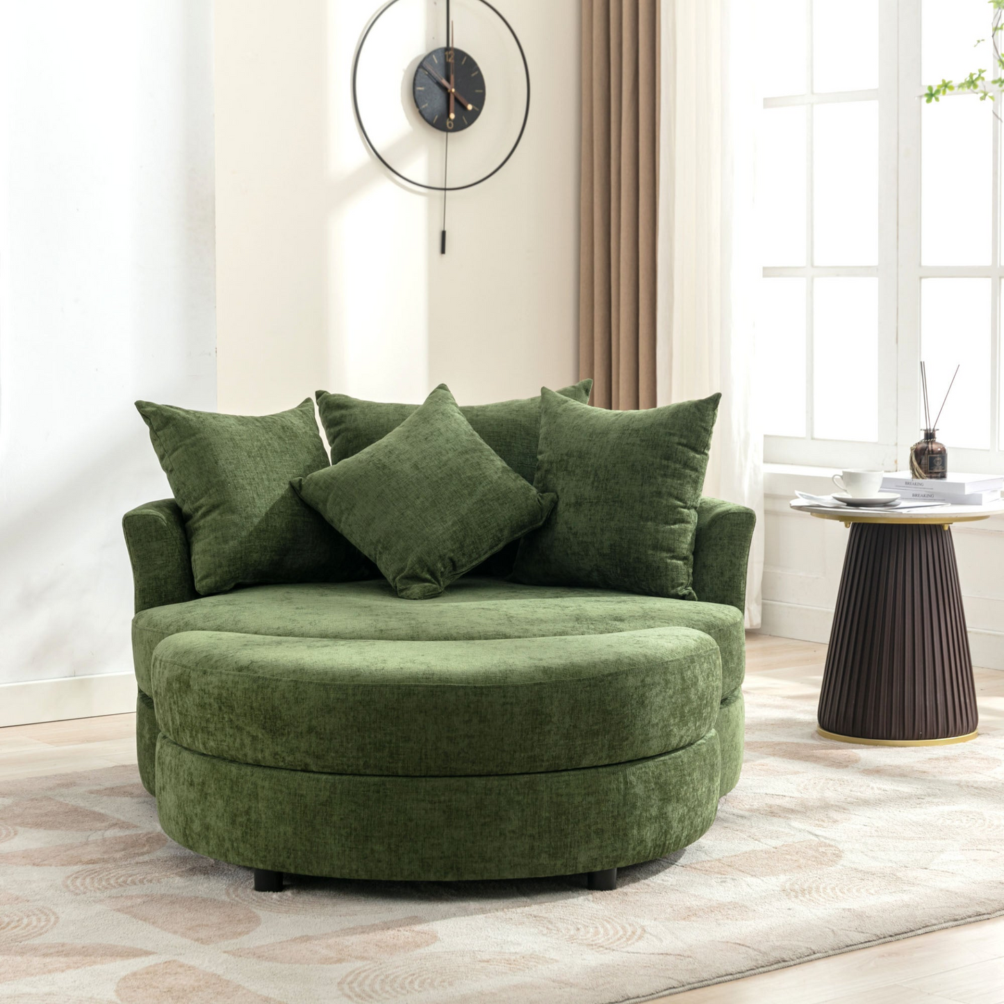 360° Swivel Accent Barrel Chair with Storage Ottoman & 4 Pillows, Modern Chenille Leisure Chair Round Accent for Living Room, Green