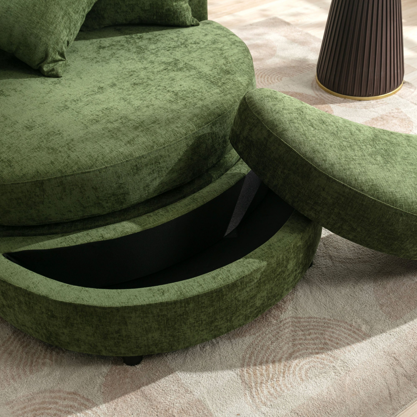 360° Swivel Accent Barrel Chair with Storage Ottoman & 4 Pillows, Modern Chenille Leisure Chair Round Accent for Living Room, Green