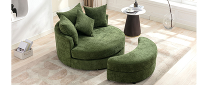 360° Swivel Accent Barrel Chair with Storage Ottoman & 4 Pillows, Modern Chenille Leisure Chair Round Accent for Living Room, Green